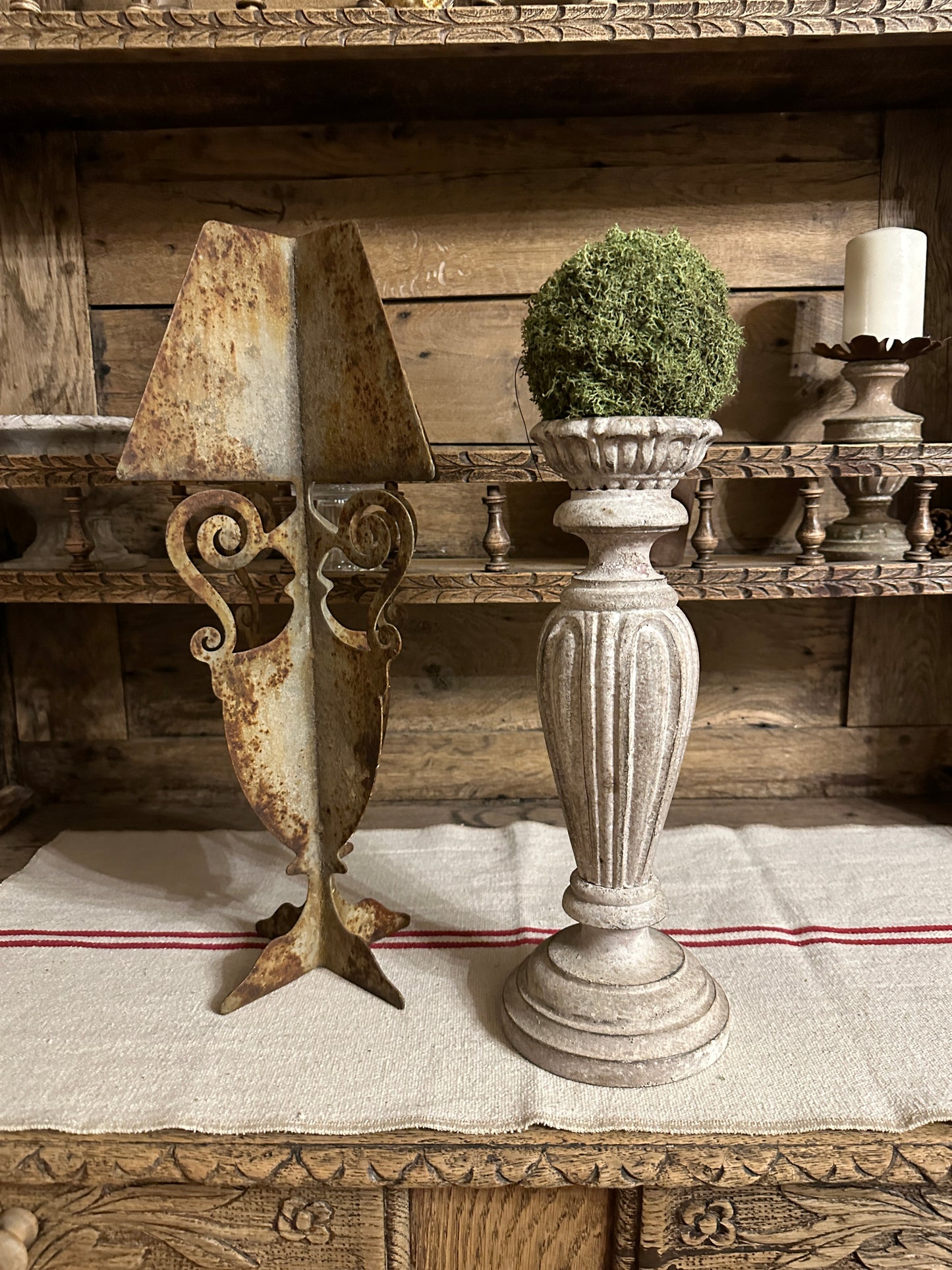 Candelabro Con Piatto Intarsiato Con Patina Antica