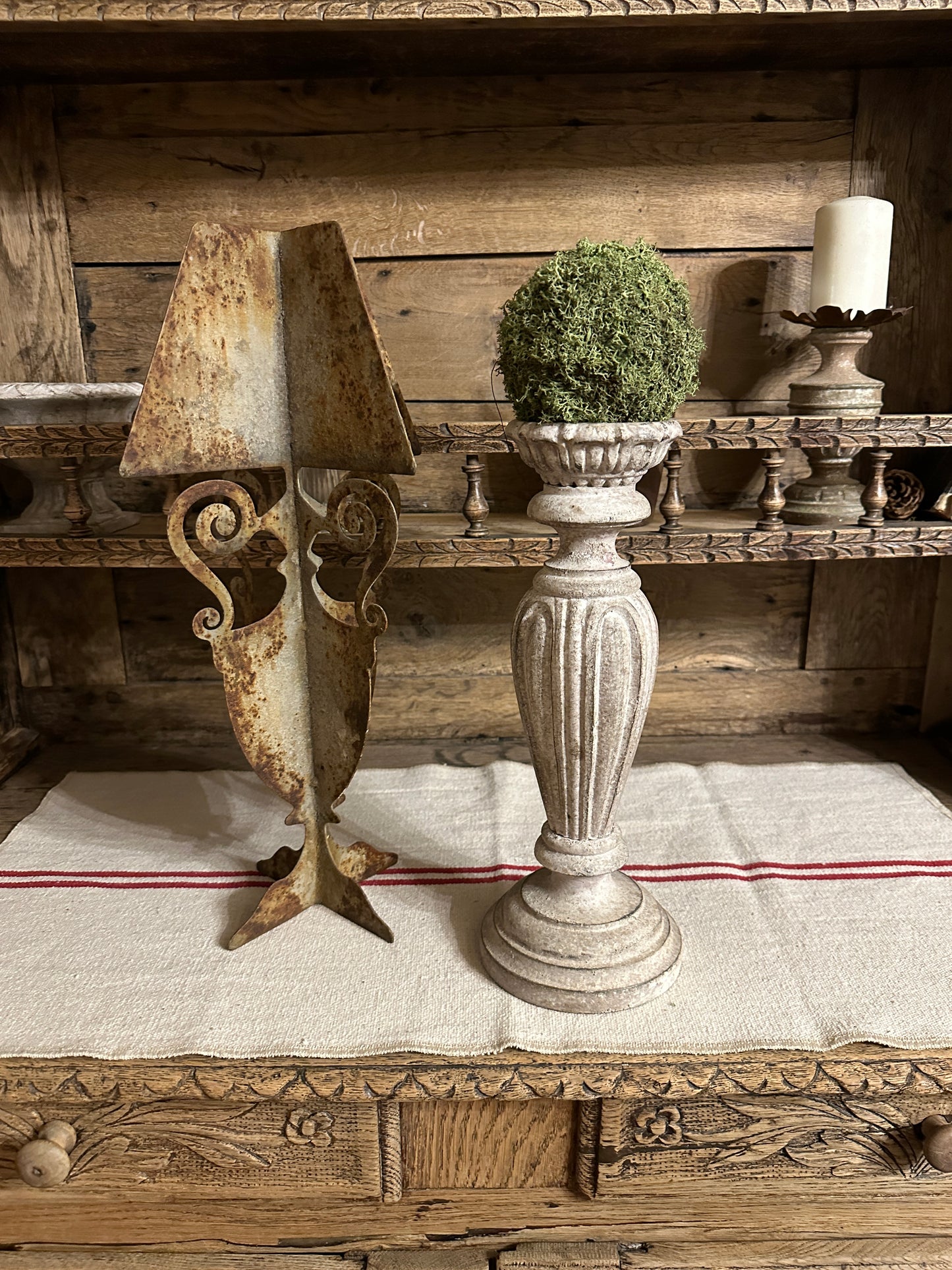 Candelabro Con Piatto Intarsiato Con Patina Antica