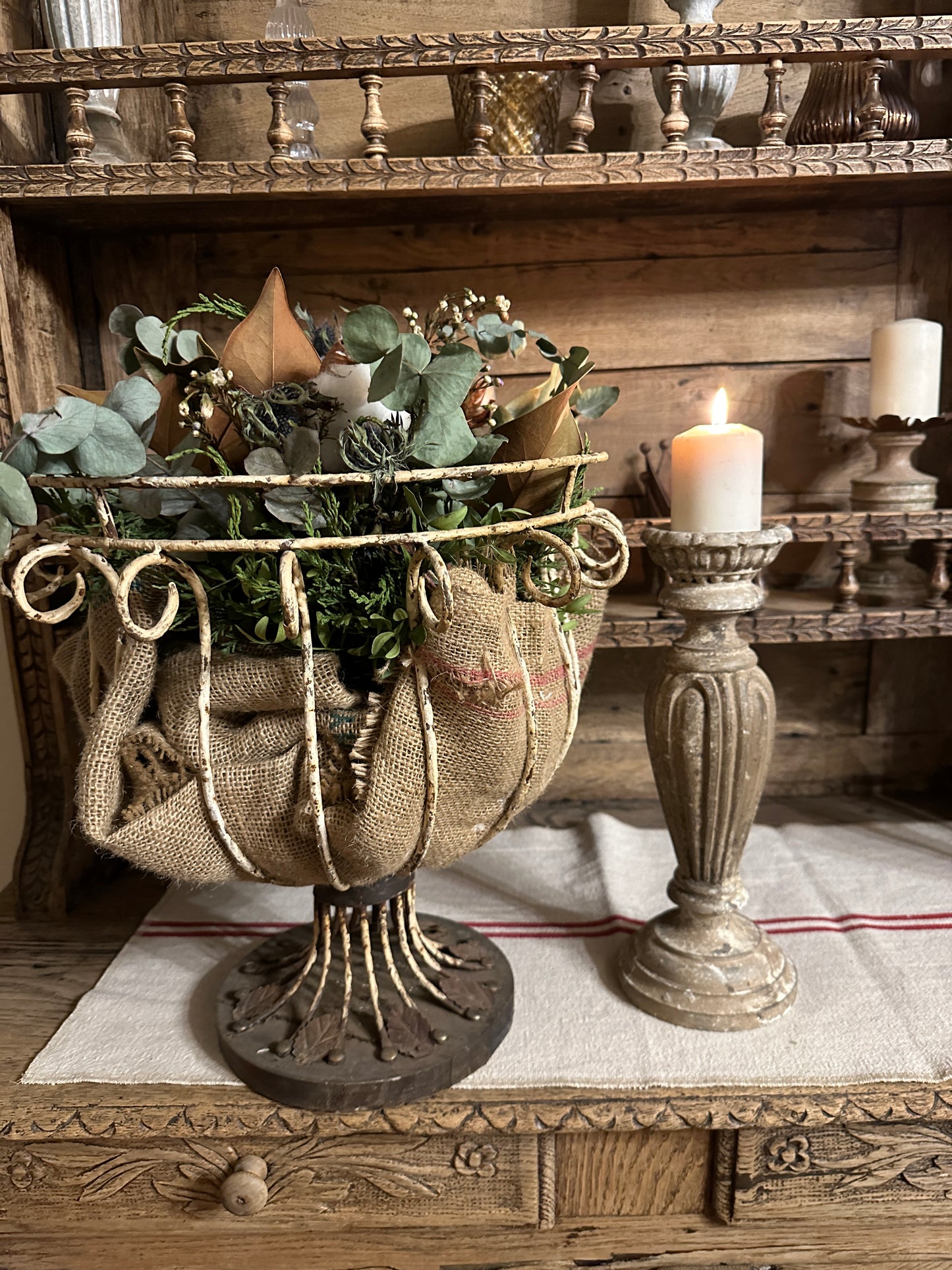 Candelabro Con Piatto Intarsiato Con Patina Antica