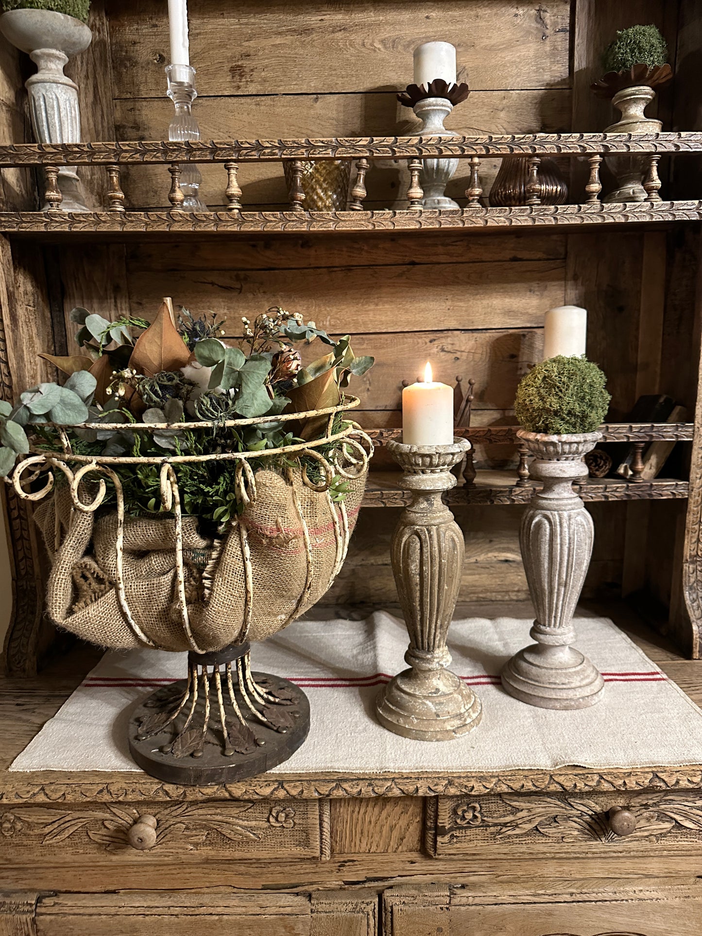 Candelabro Con Piatto Intarsiato Con Patina Antica