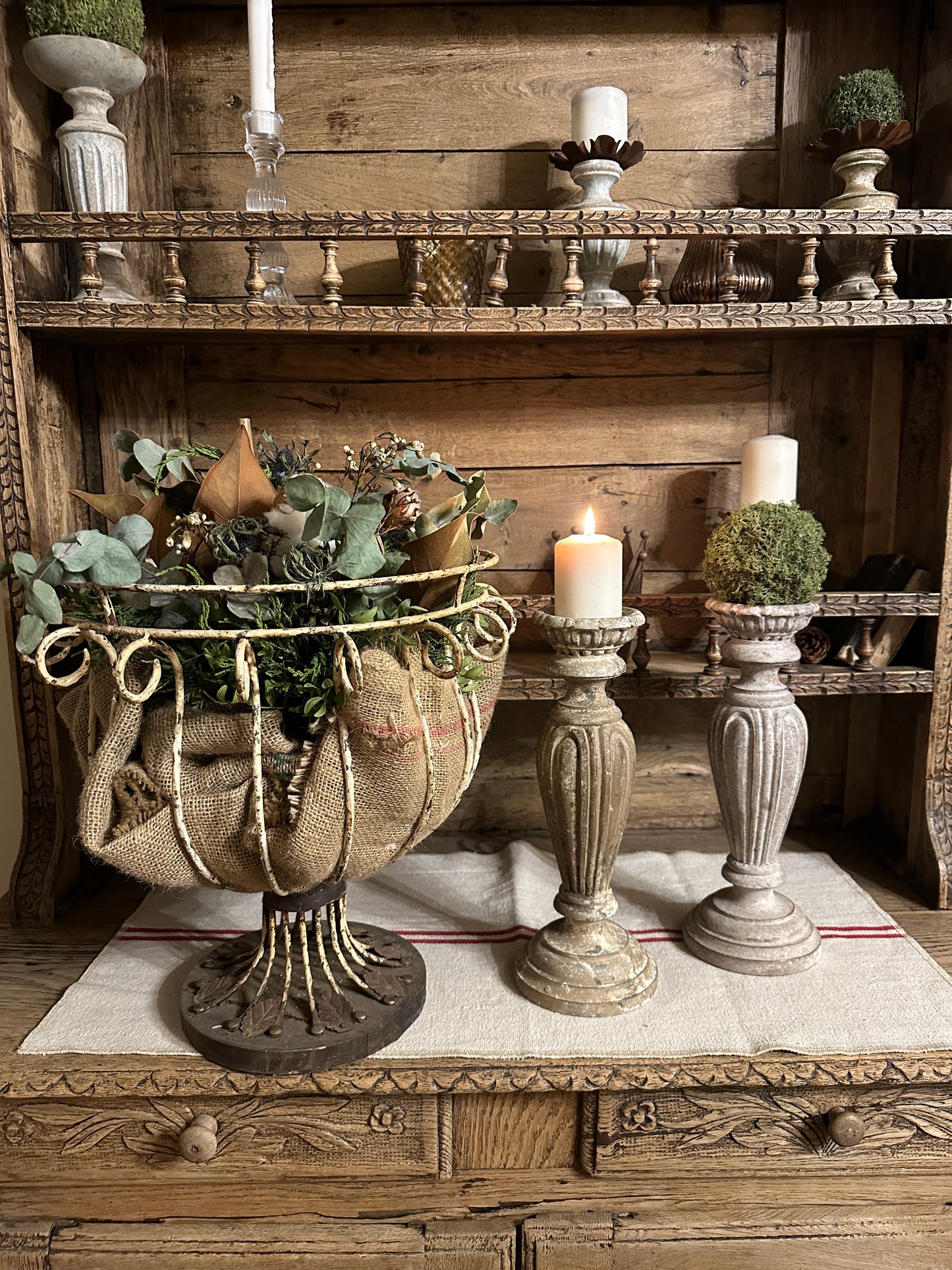 Candelabro Con Piatto Intarsiato Con Patina Antica