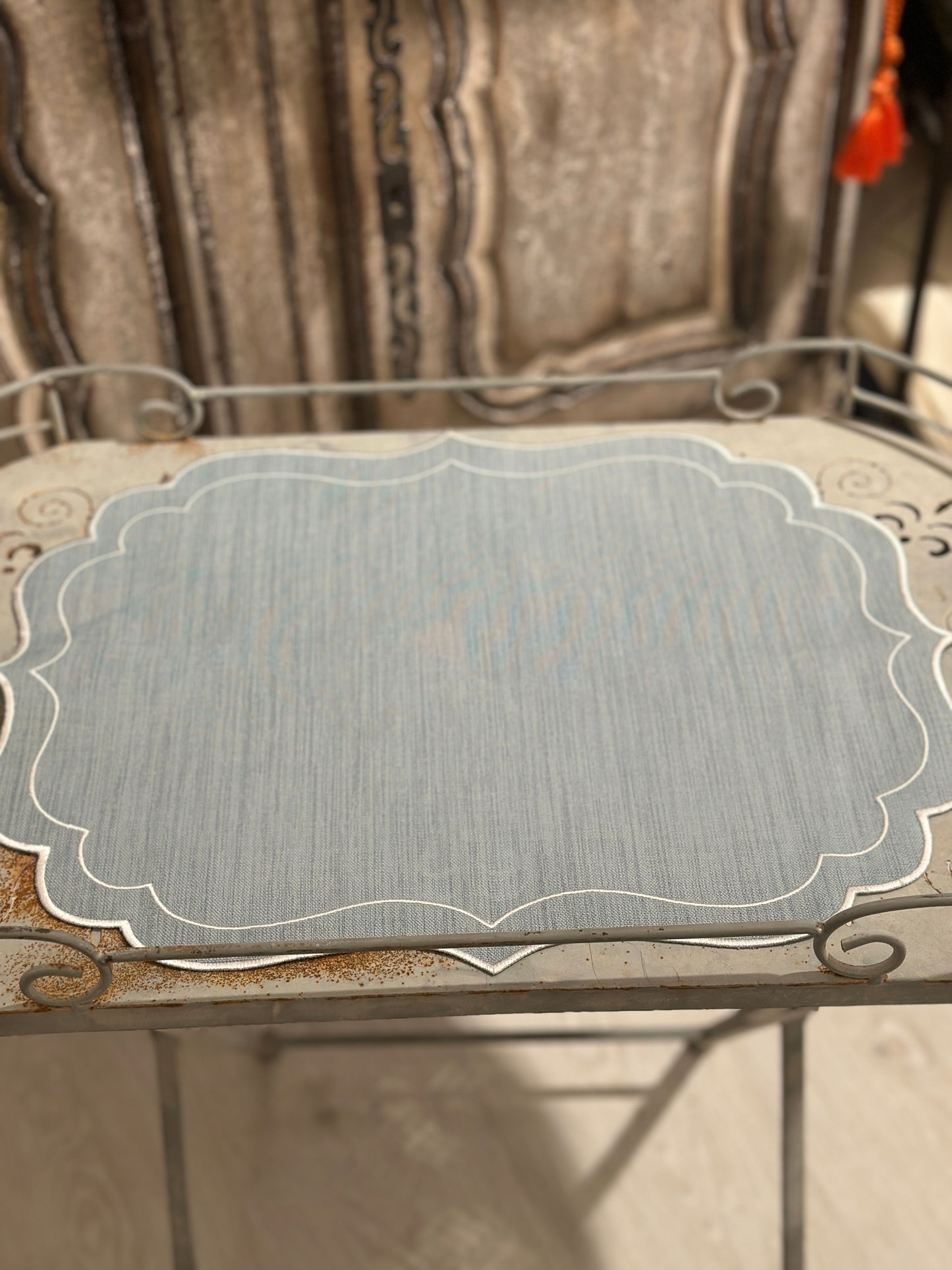 Tovaglietta Lino Ricamata Azzurro/ Bianco