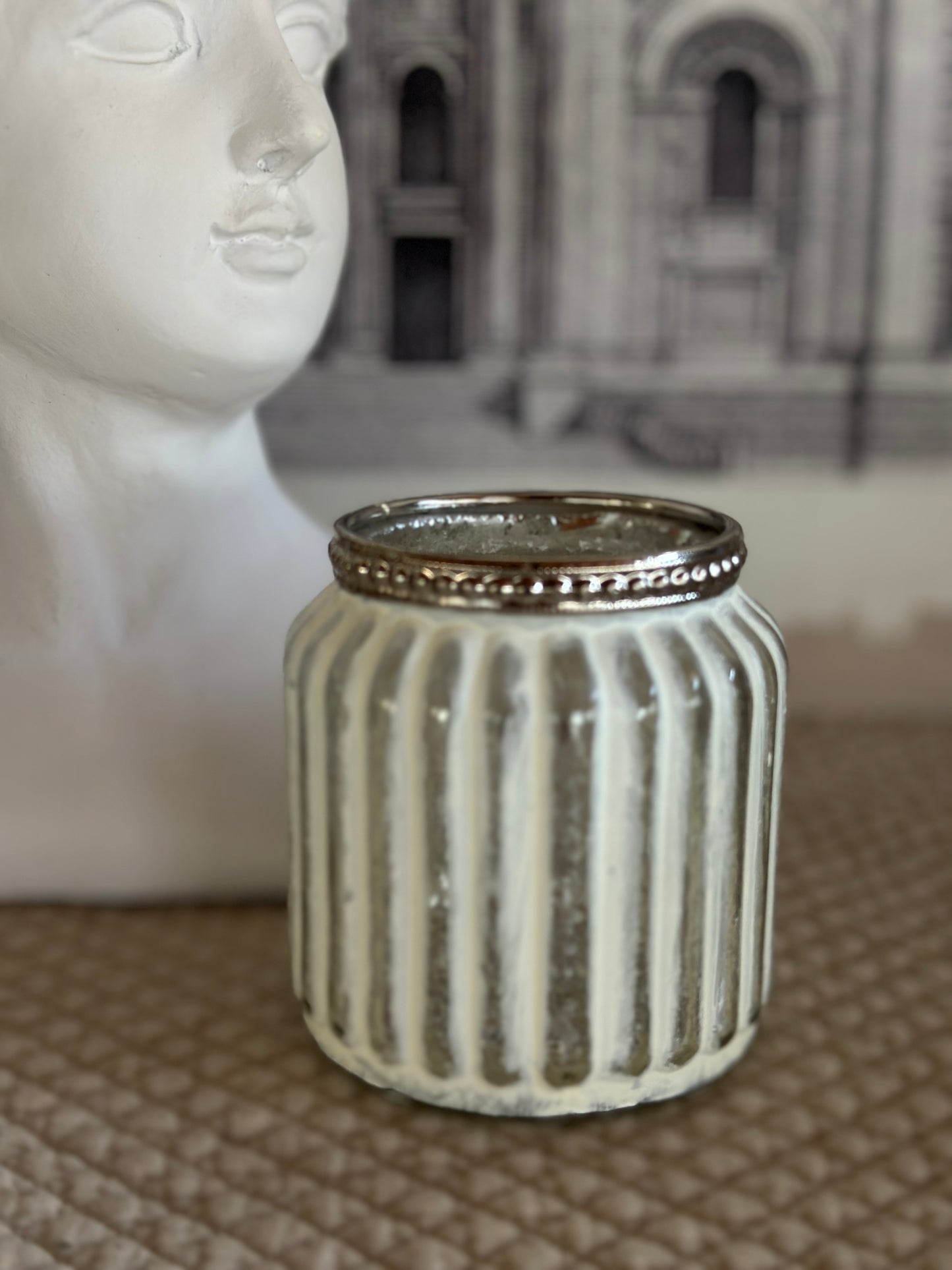 Bicchiere Portatealight Decoro Righe Bianco