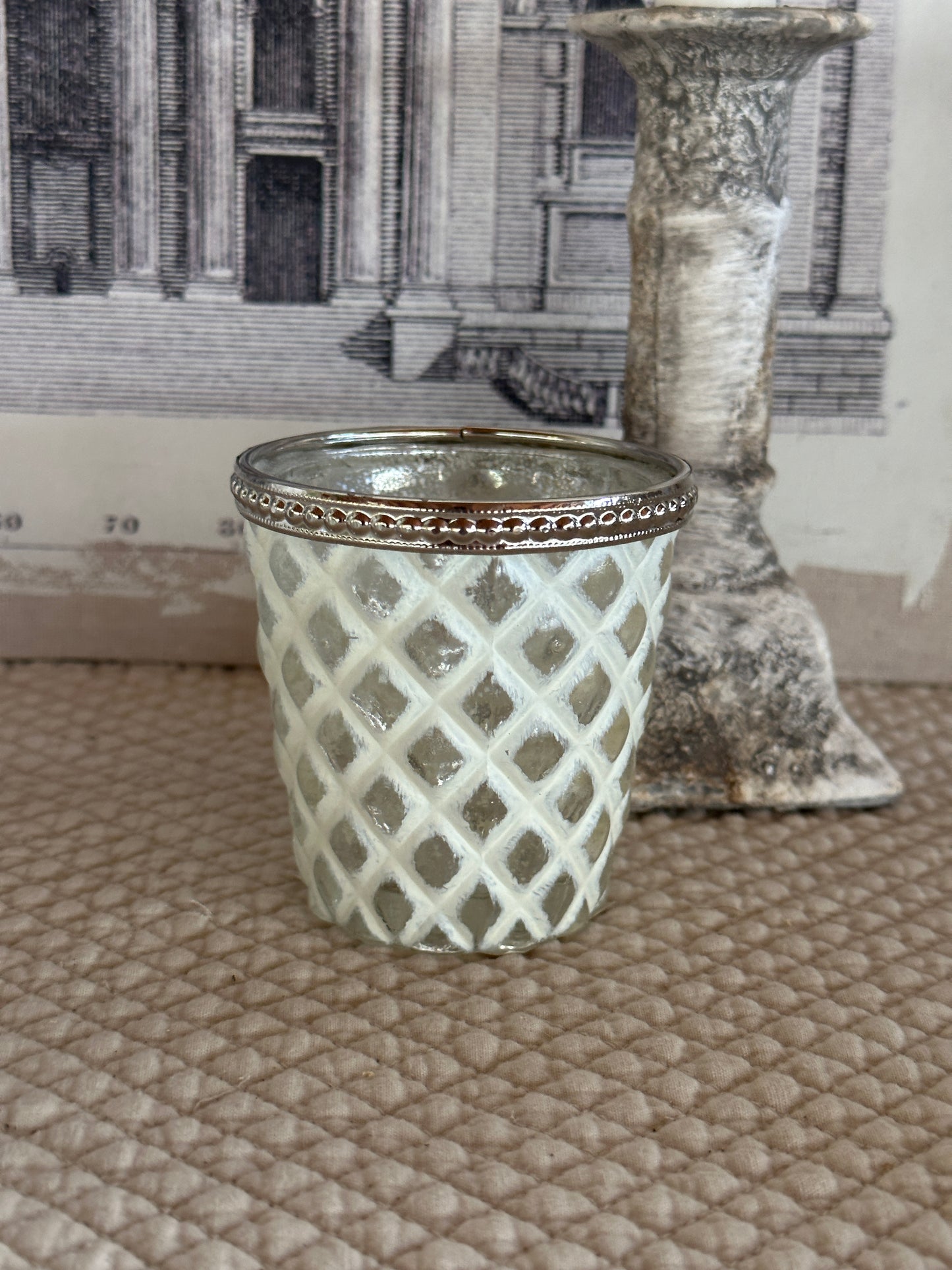Bicchiere Portatealight Bianco Con Decoro Rombi