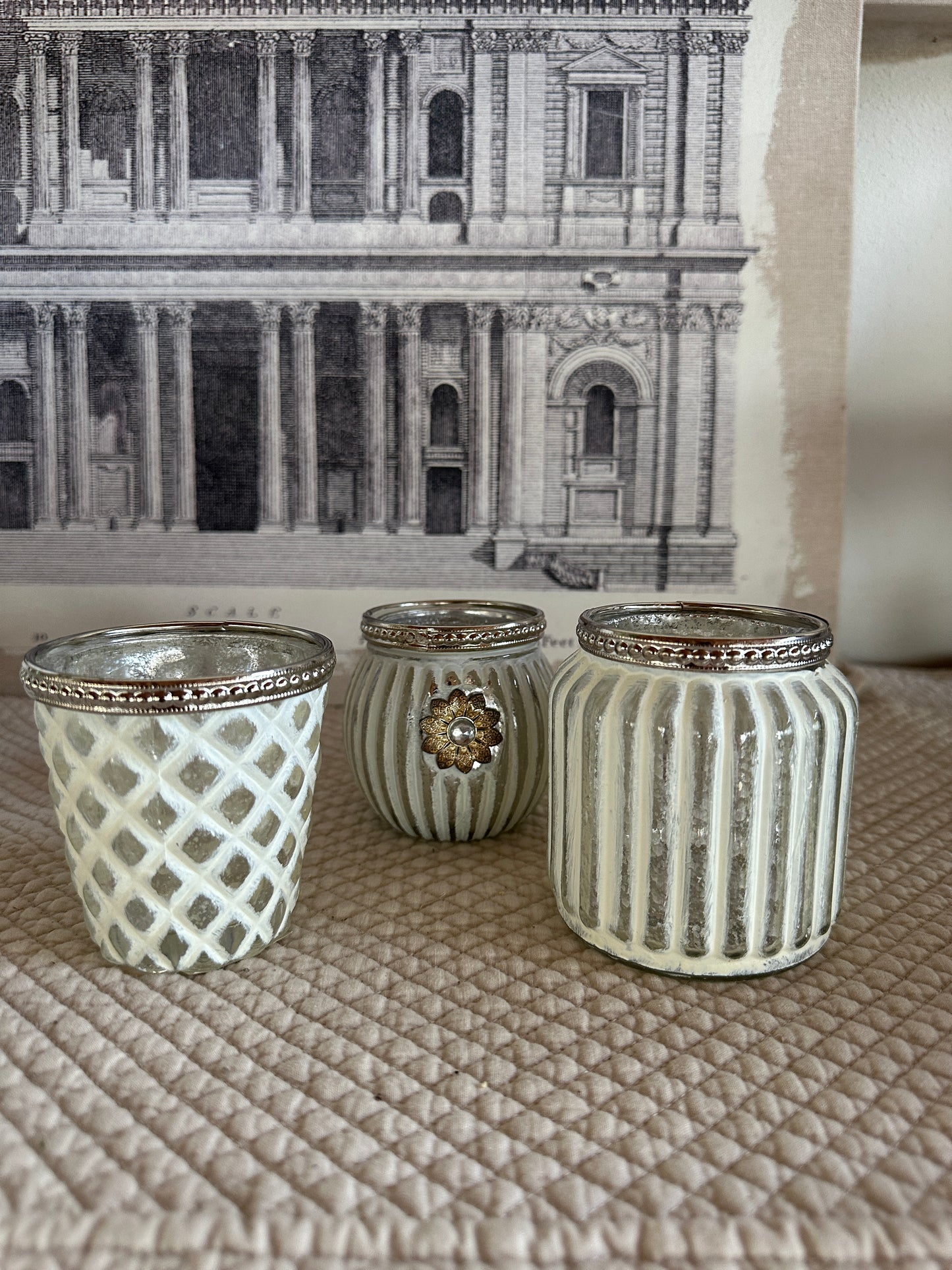 Bicchiere Portatealight Bianco Con Decoro Rombi