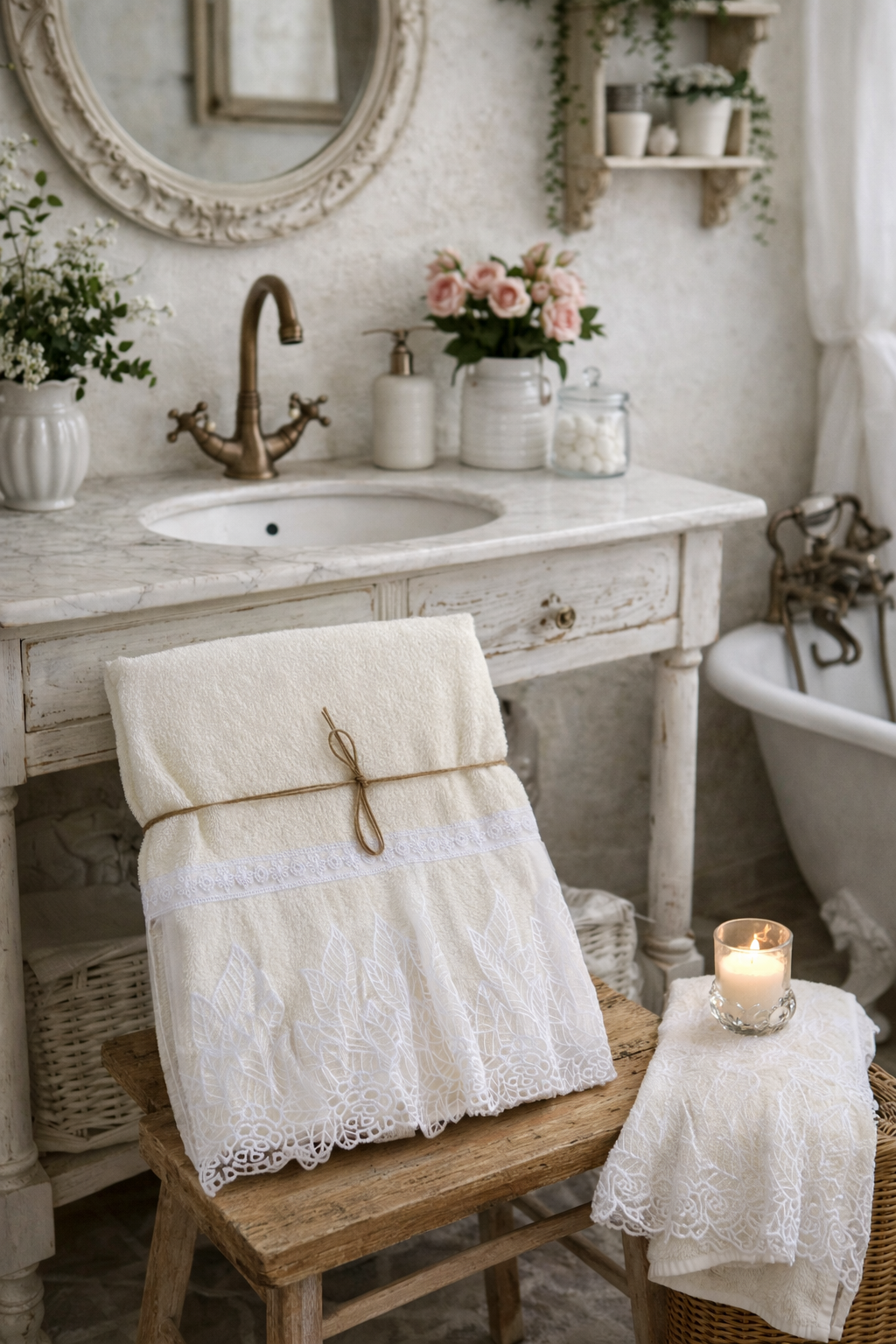 Coppia Salviette Tulle Fiori E Foglie