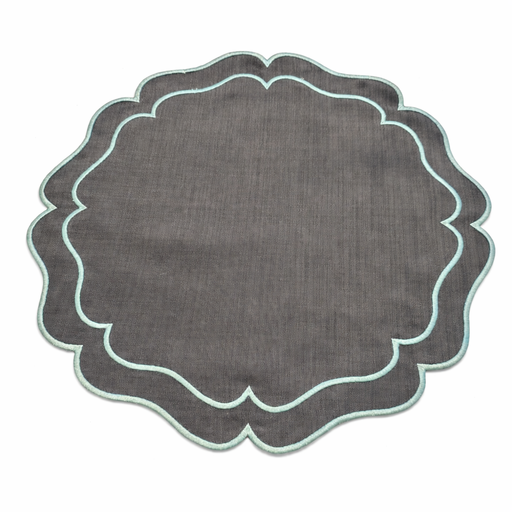 Tovaglietta Rotonda Lino Ricamata Grigio/Turchese