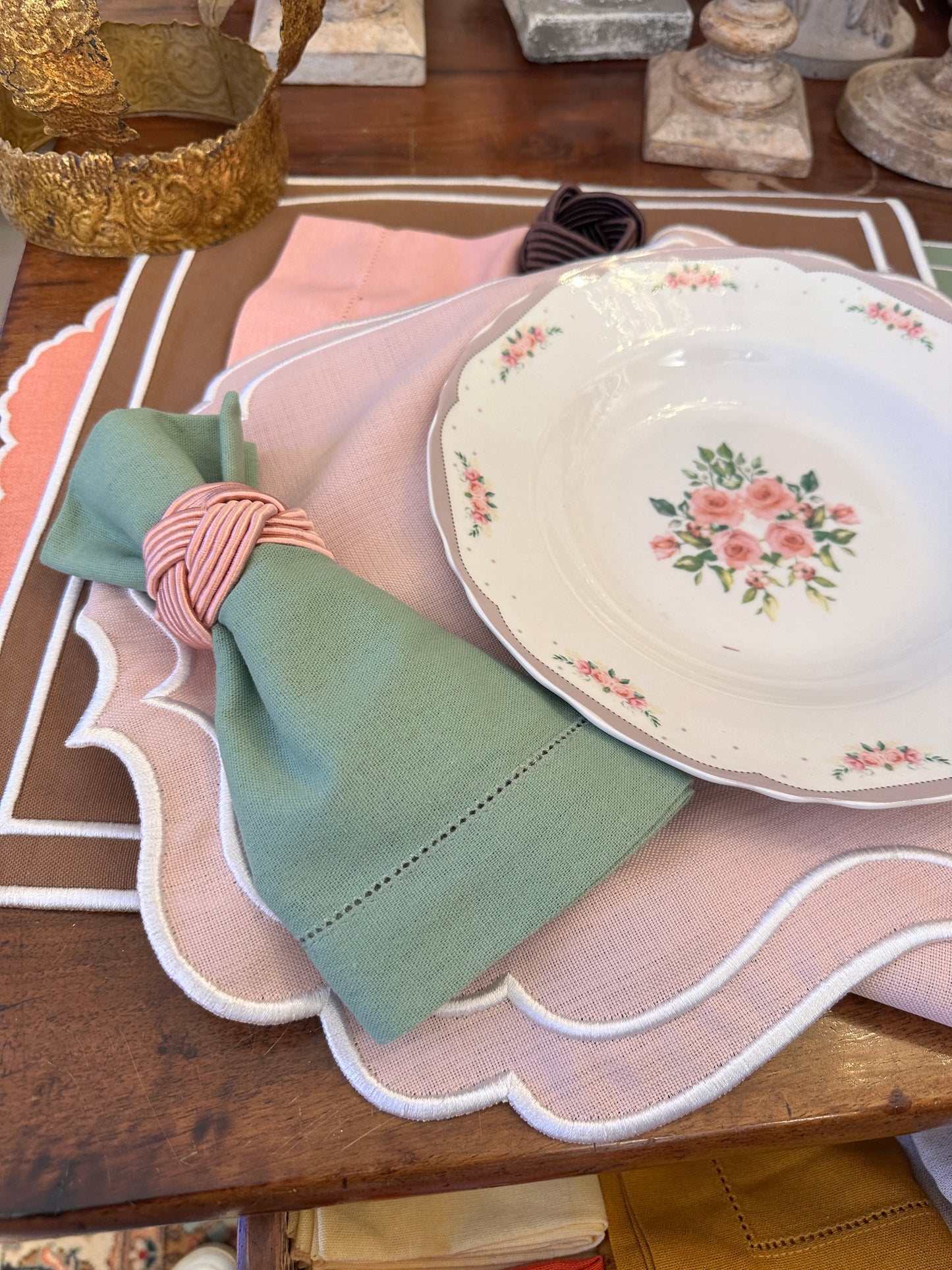 Tovaglietta Lino Ricamata Rosa/ Bianco