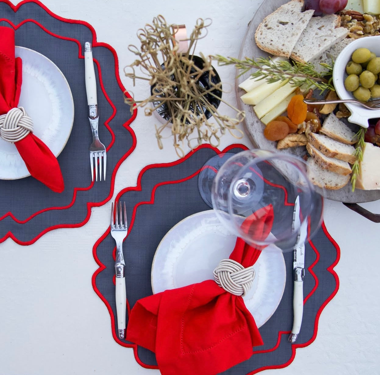 Tovaglietta Lino Ricamata Grigio/Rosso