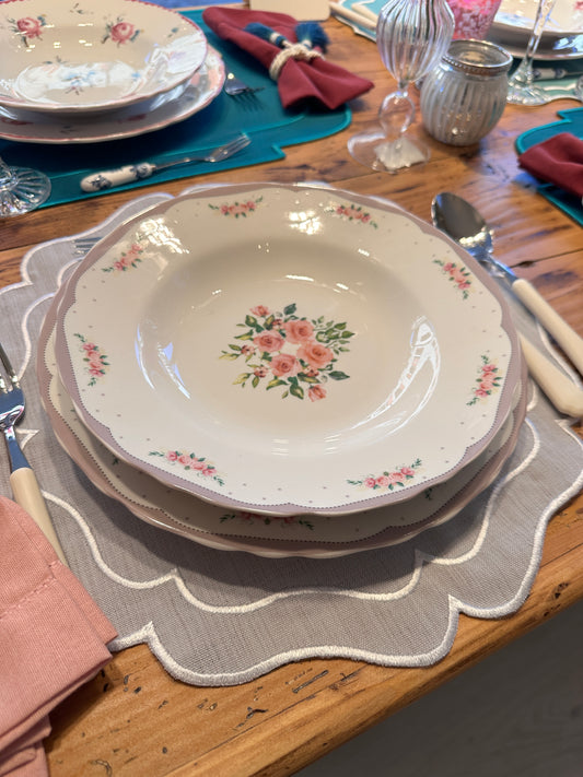 Tovaglietta Rotonda Lino Ricamata Grigio/Bianco