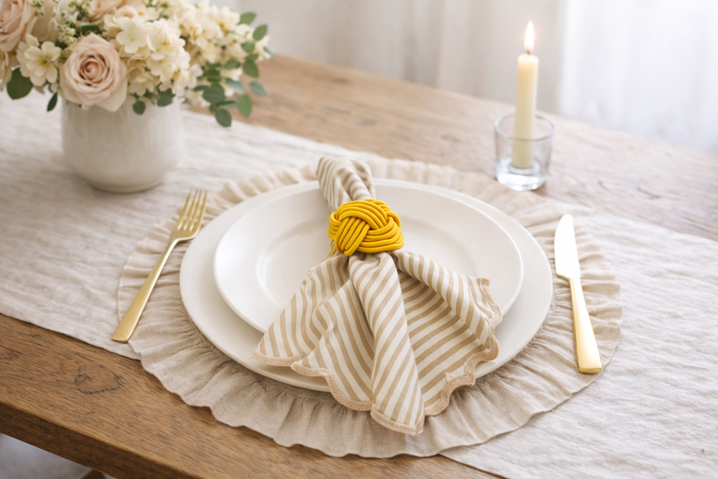 Tovagliolo Righe Beige Orlo Smerlato