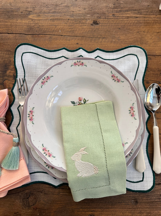 Tovaglietta Quadrata  Lino Ricamata Bianco/Verde