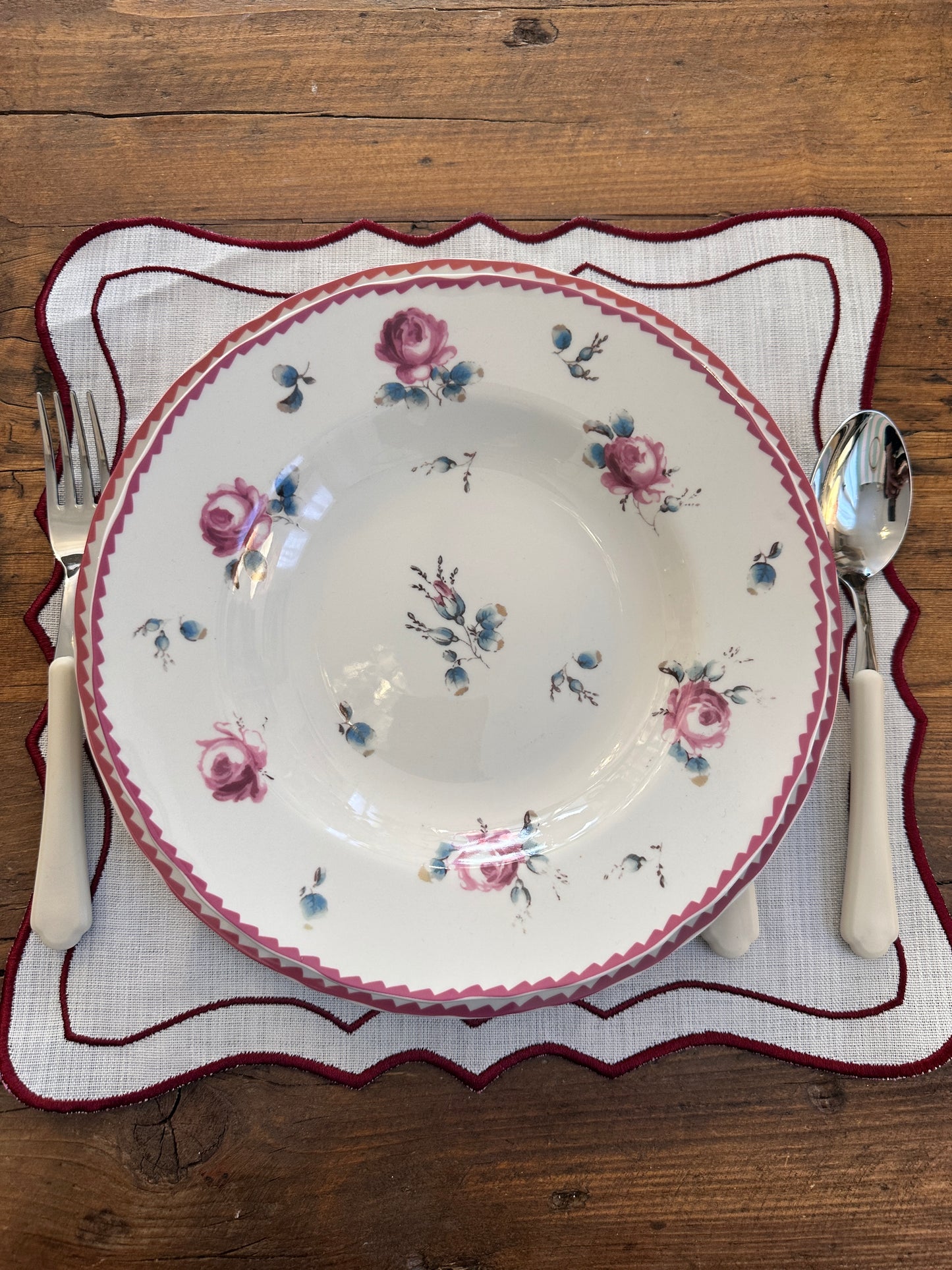 Tovaglietta Quadrata Lino Ricamata Bianco/Bordeaux