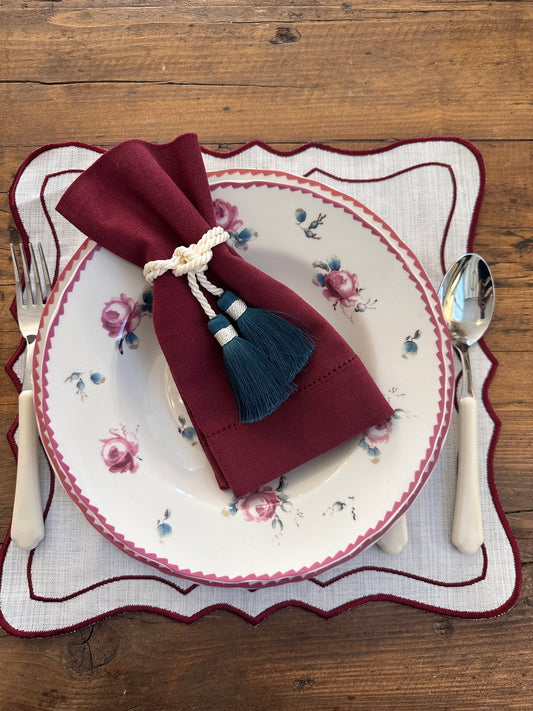 Tovaglietta Quadrata  Lino Ricamata Bianco/Bordeaux