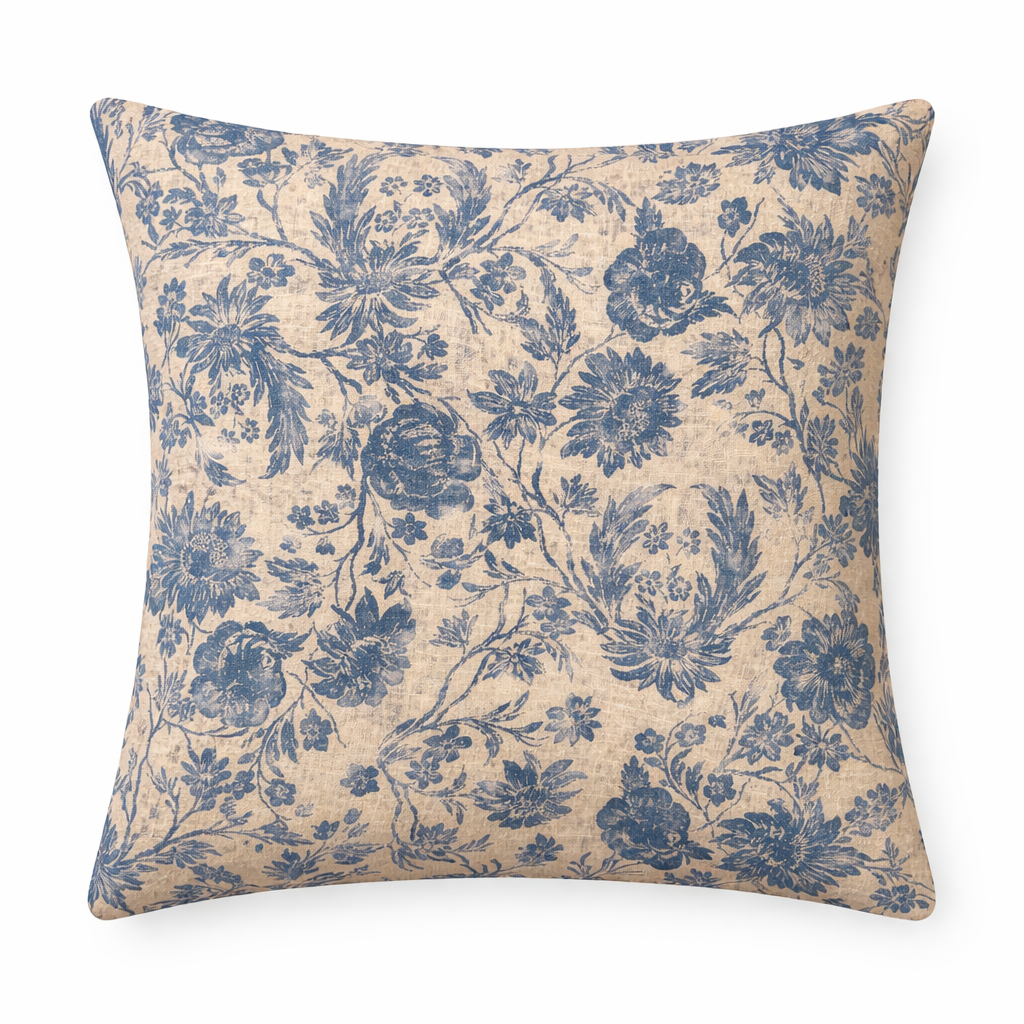 Cuscino Fiori Avorio E Azzurro