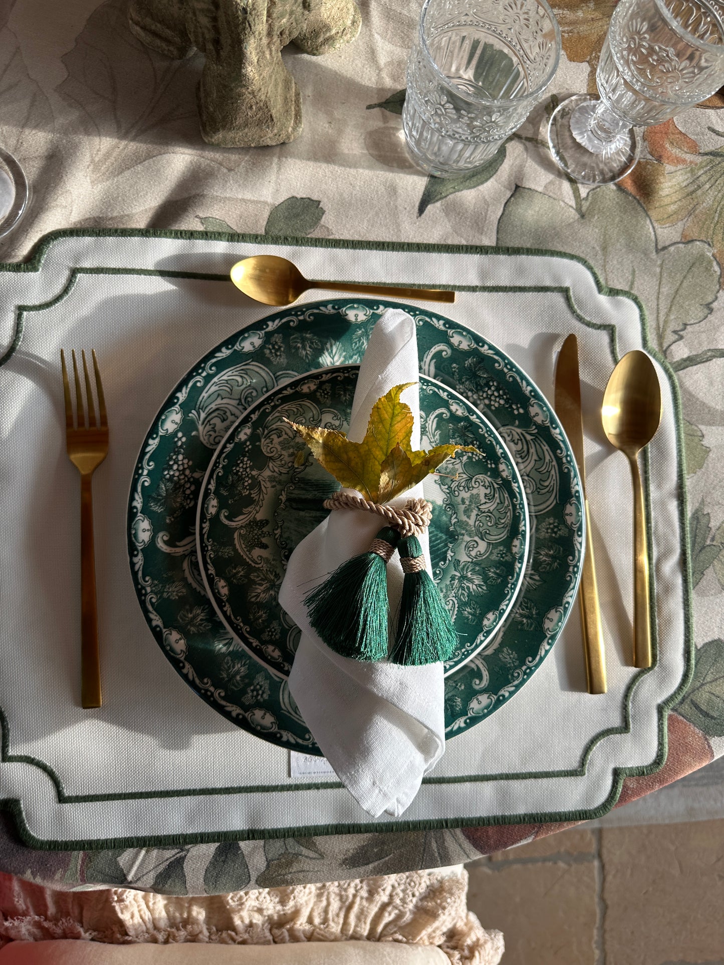 Set 3 Tovagliette Ricamate Verde/Avorio Double Idrorepellente