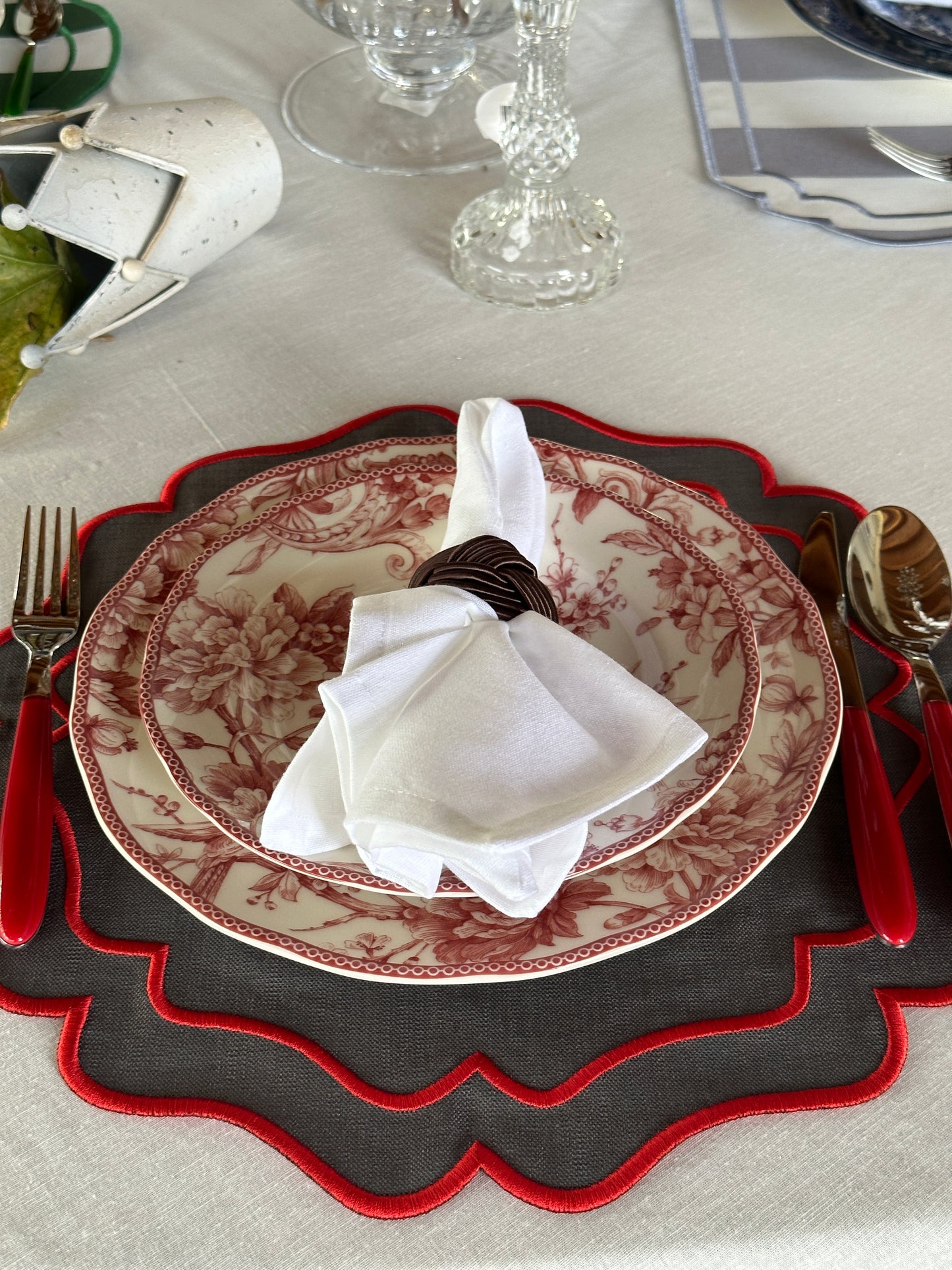 Tovaglietta Lino Ricamata Grigio/Rosso