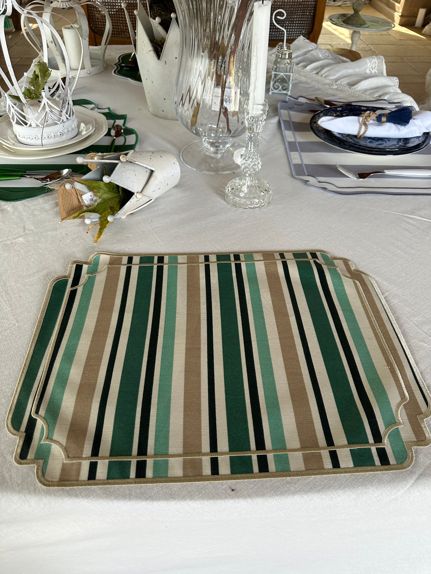 Tovaglietta A Righe Beige/Verde Idrorepellente