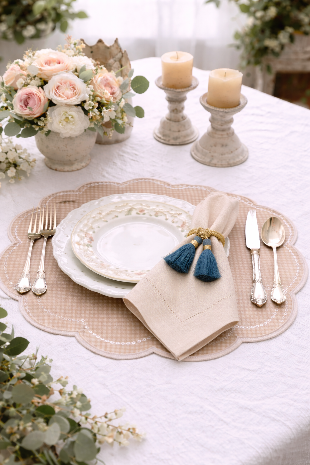 Tovagliolo Beige Rosato Con Orlo A Giorno