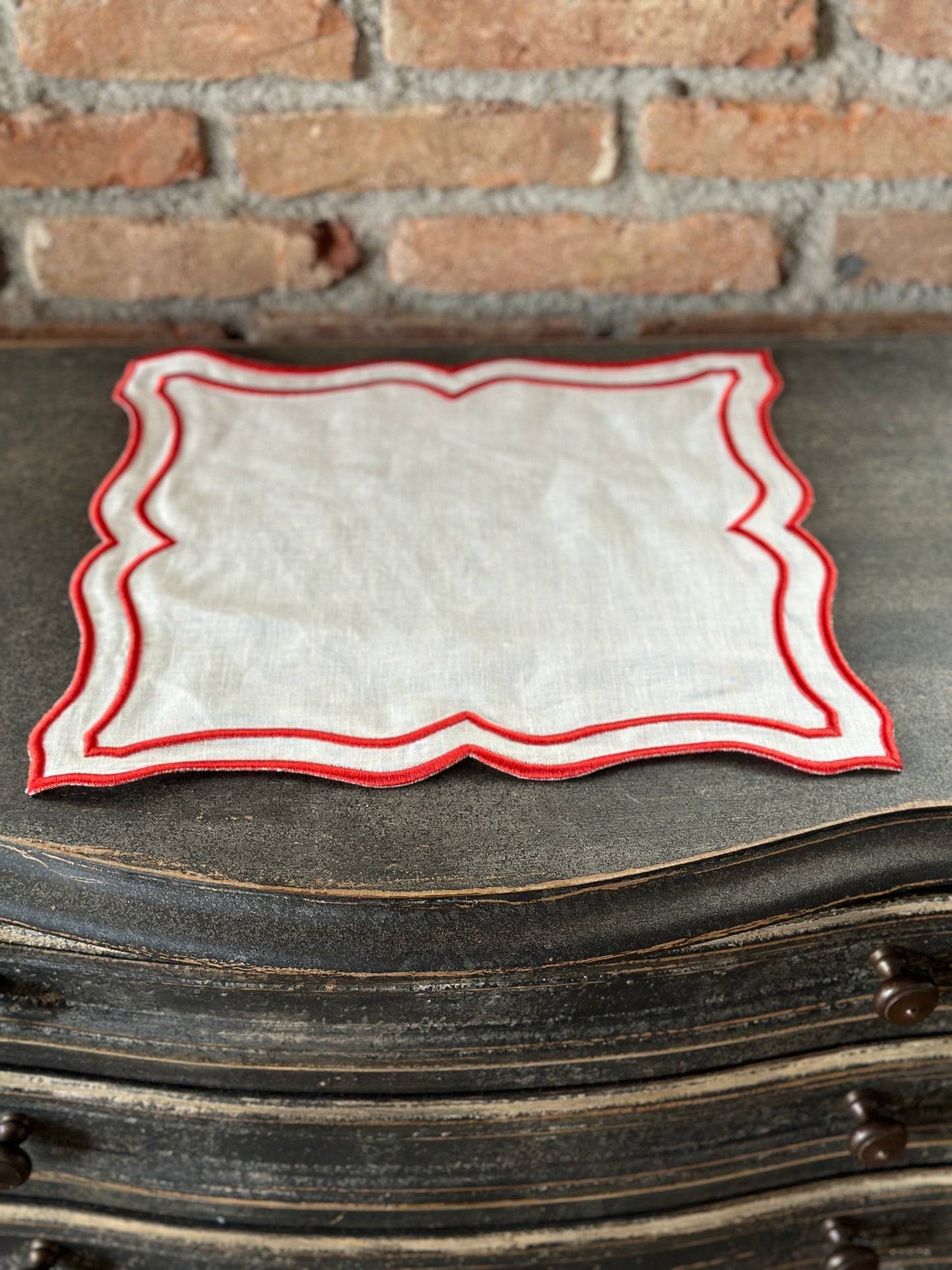 Tovaglietta Lino Ricamata Bianco/ Rosso