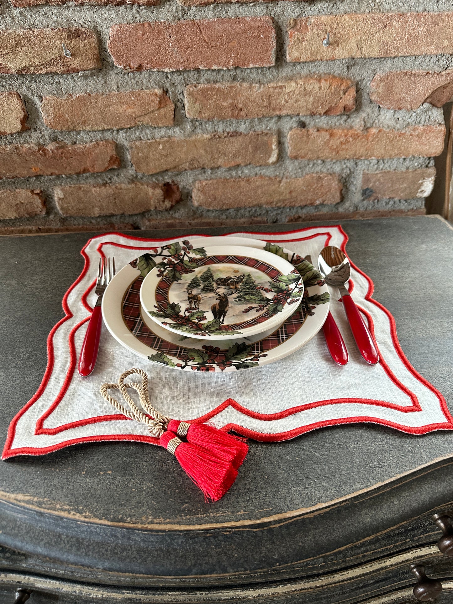 Tovaglietta Lino Ricamata Bianco/ Rosso