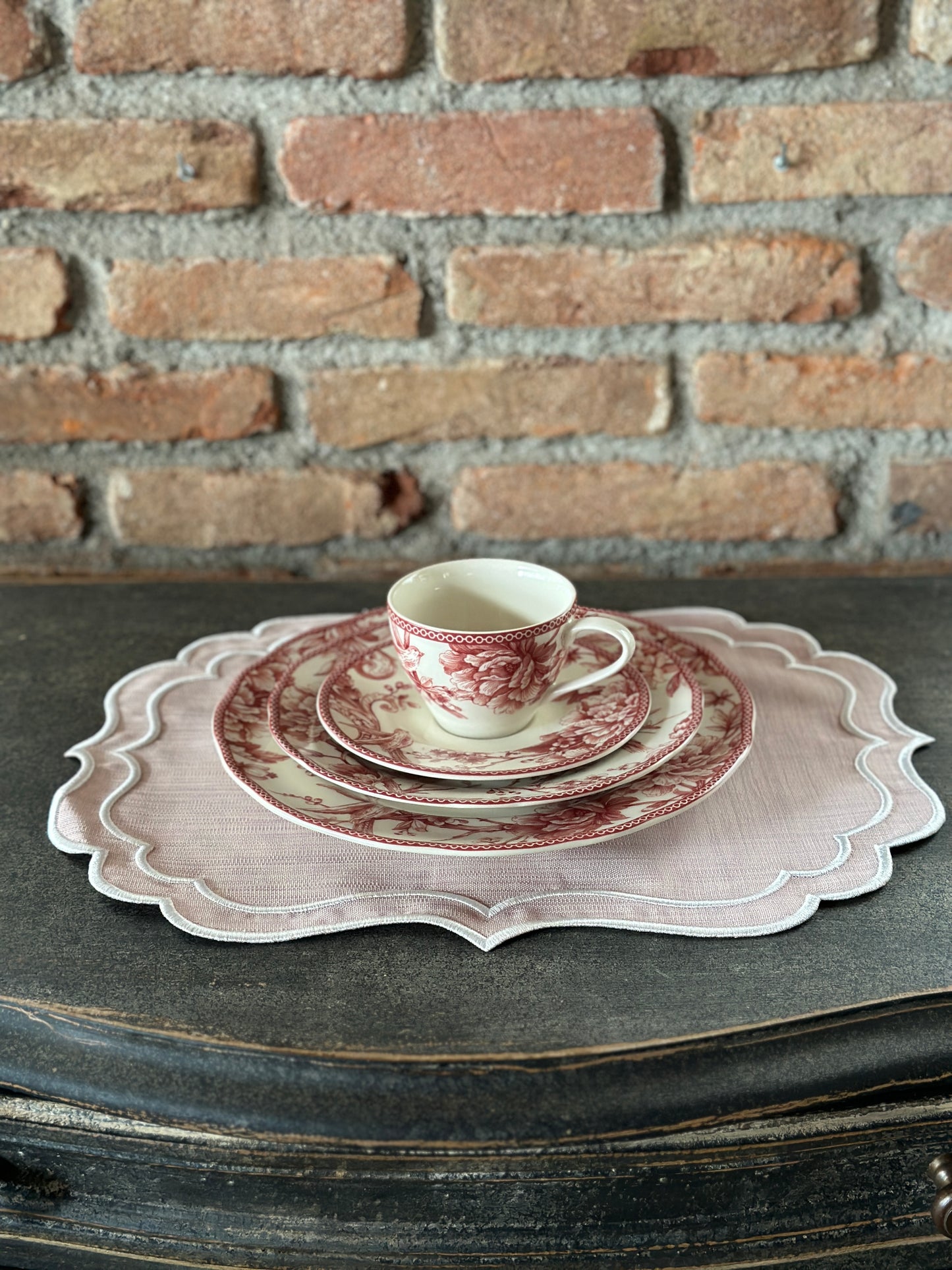Tovaglietta Lino Ricamata Rosa/ Bianco