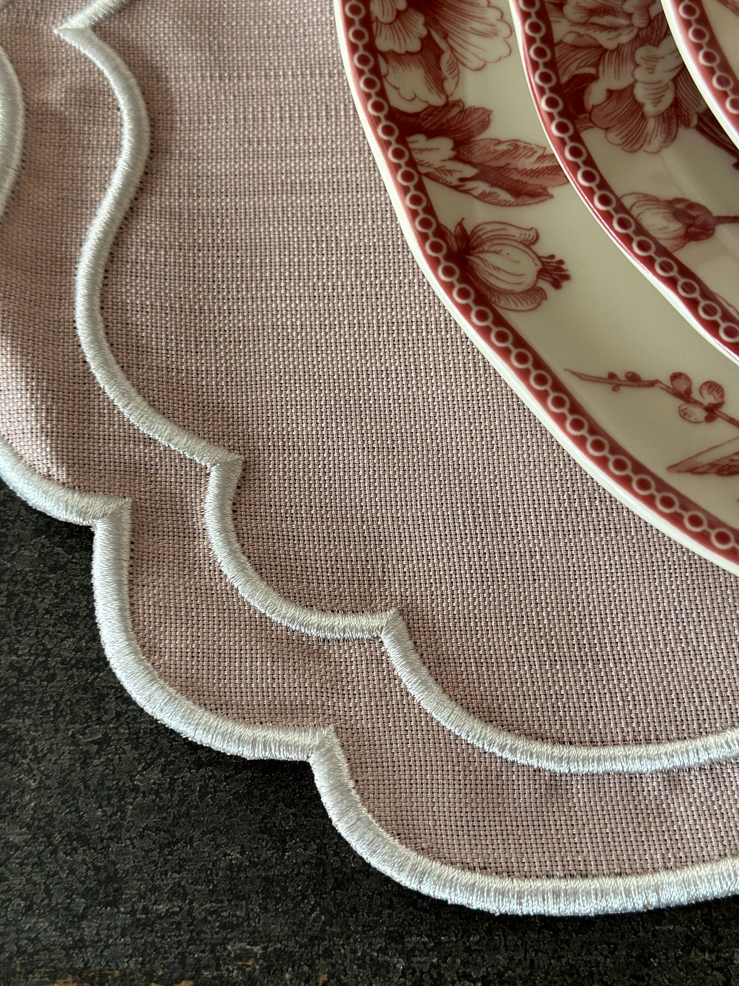 Tovaglietta Lino Ricamata Rosa/ Bianco
