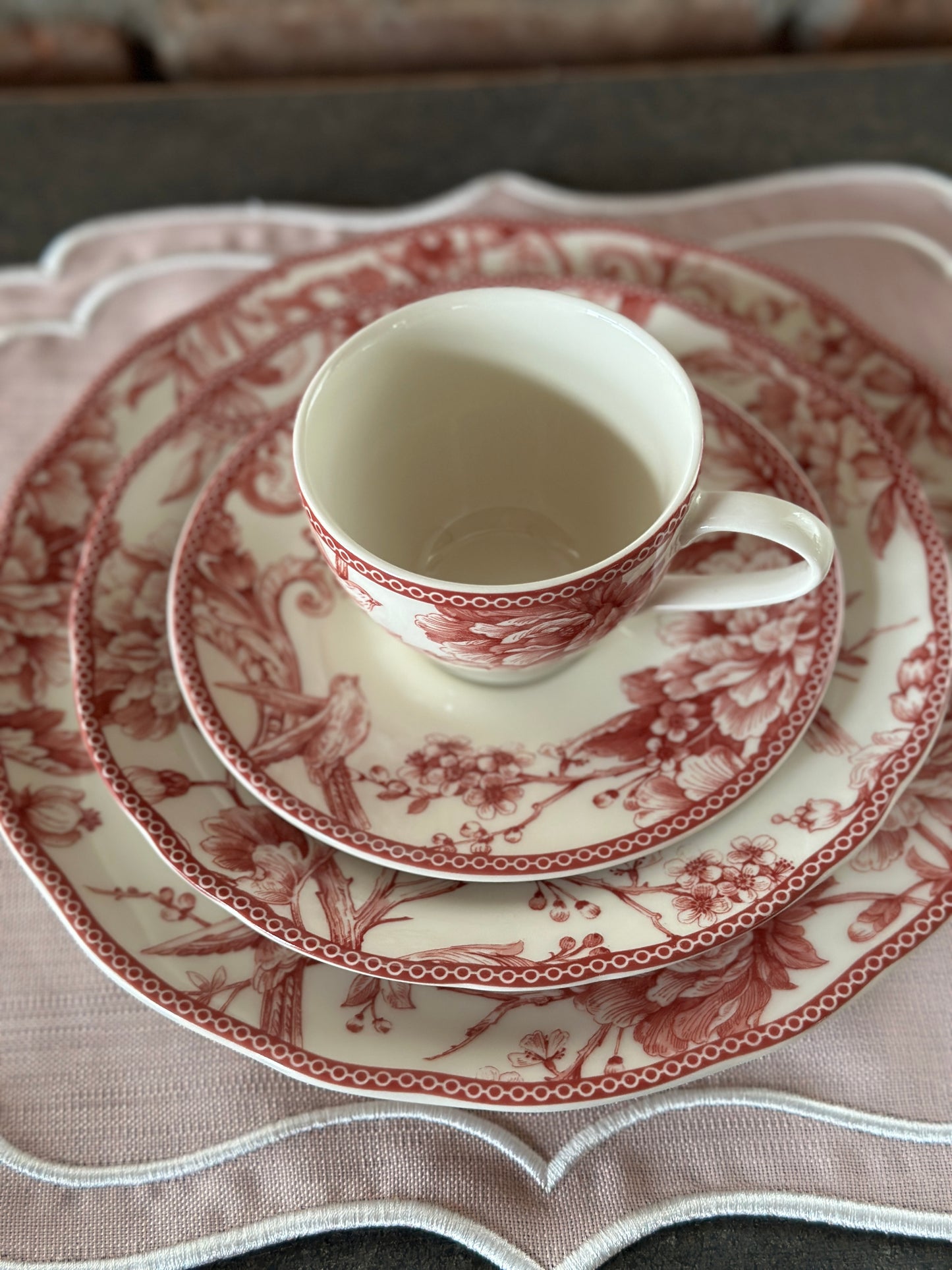 Tovaglietta Lino Ricamata Rosa/ Bianco