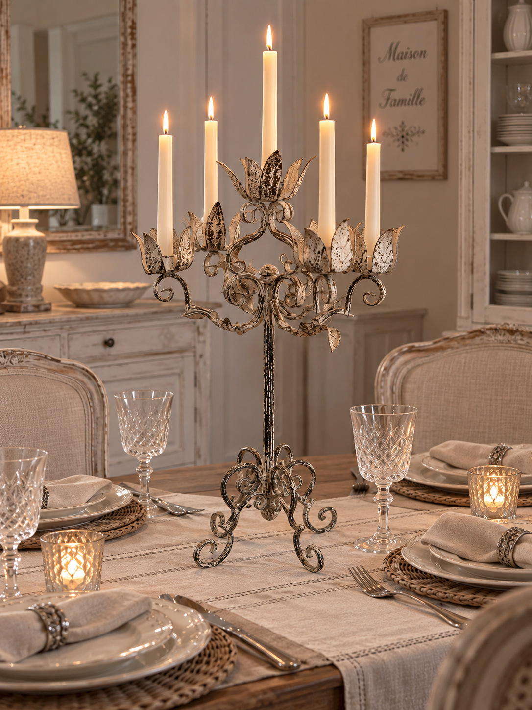 Candelabro Nero Anticato A Cinque Candele Con Foglie