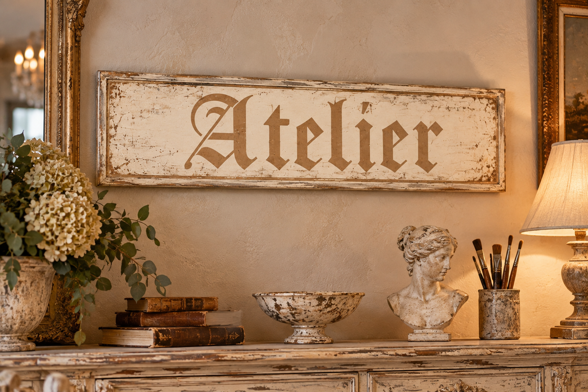 Insegna Scritta "ATELIER" Avorio/Beige Con Patina Antica