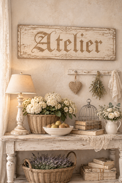 Insegna Scritta "ATELIER" Avorio/Beige Con Patina Antica
