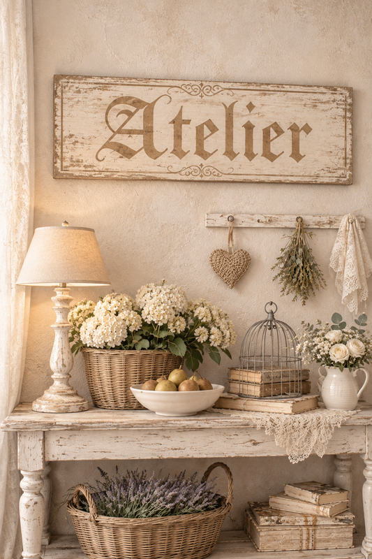 Insegna Scritta "ATELIER" Avorio/Beige Con Patina Antica