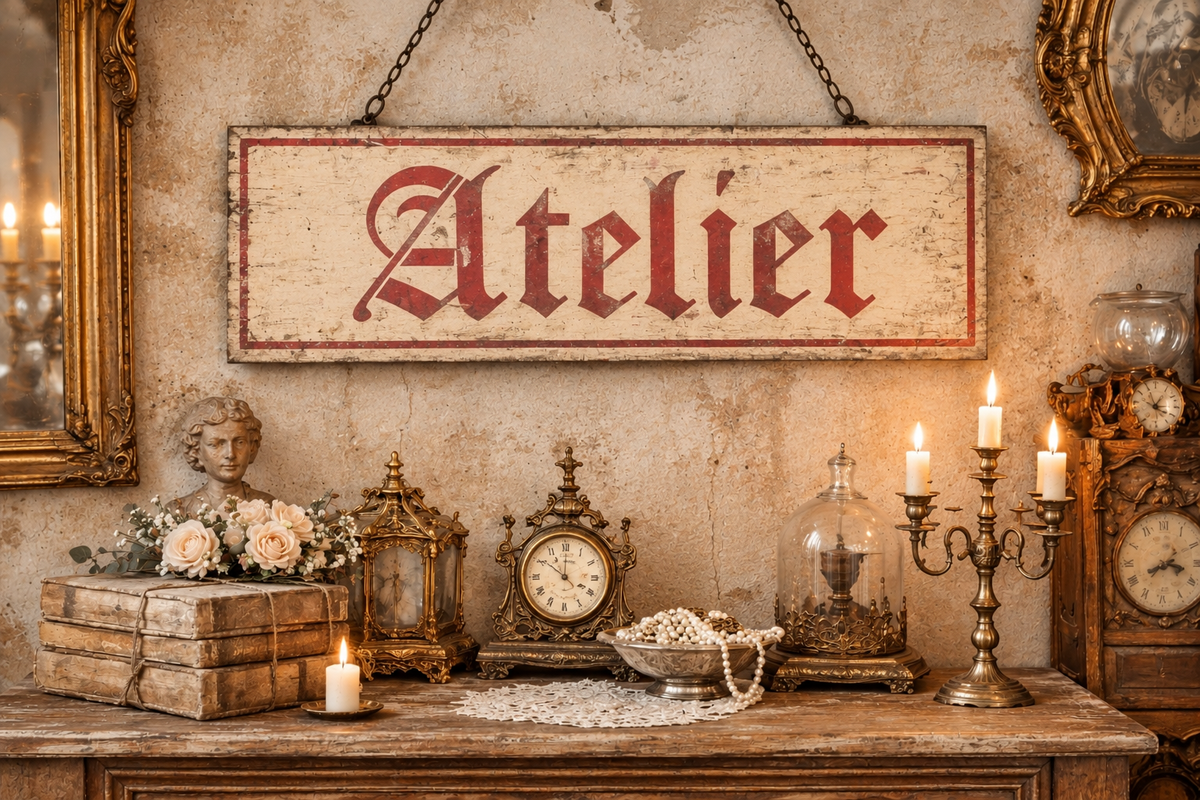 Insegna Scritta "ATELIER" Bianco / Rosso Con Patina Antica
