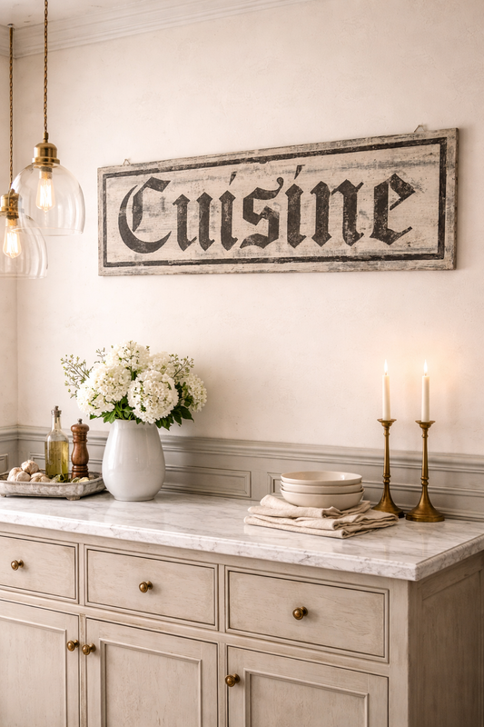 Insegna Scritta "CUISINE" Avorio E Marrone Con Patina Antica
