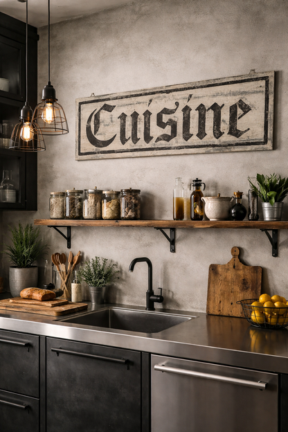 Insegna Scritta "CUISINE" Avorio E Marrone Con Patina Antica