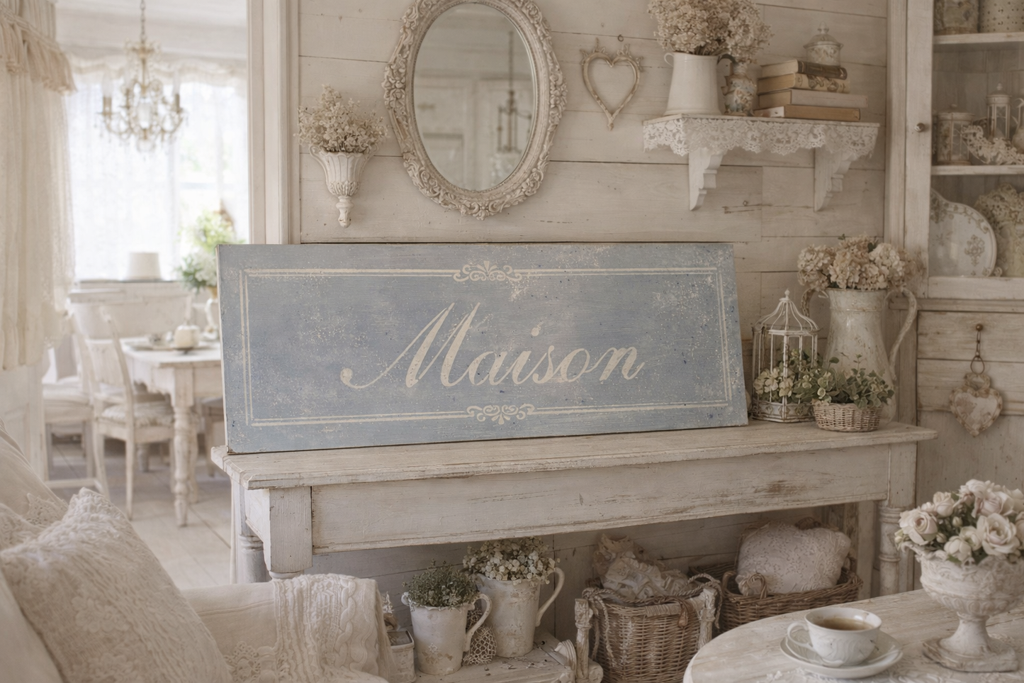 Insegna Scritta "MAISON" Azzurro  Con Patina Antica