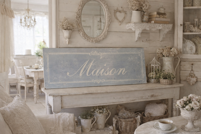 Insegna Scritta "MAISON" Azzurro  Con Patina Antica