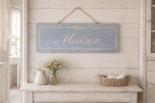 Insegna Scritta "MAISON" Azzurro  Con Patina Antica