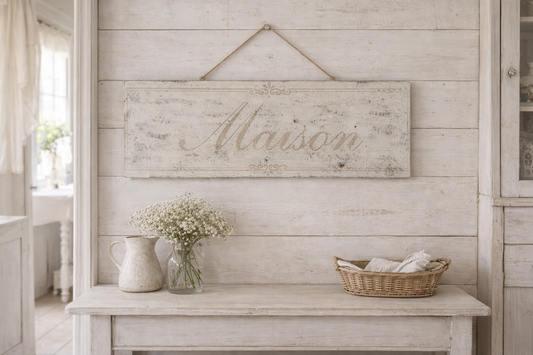 Insegna Scritta "MAISON" Bianca Con Patina Antica