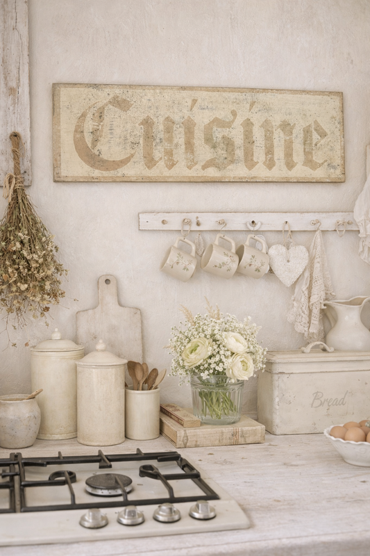 Insegna Scritta "CUISINE" Avorio Con Patina Antica