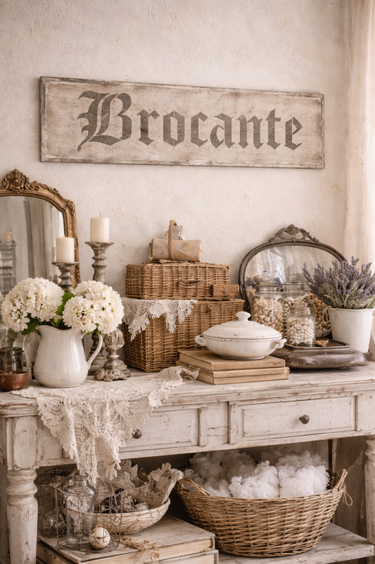 Insegna Scritta "BROCANTE" Avorio Con Patina Antica