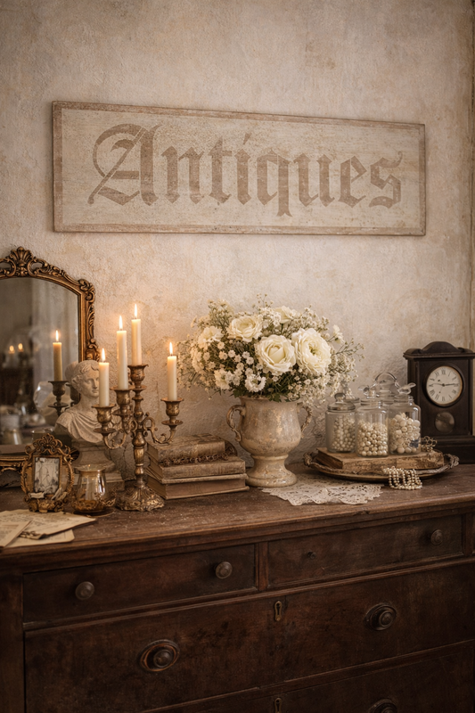 Insegna Scritta "ANTIQUES" Avorio Con Patina Antica