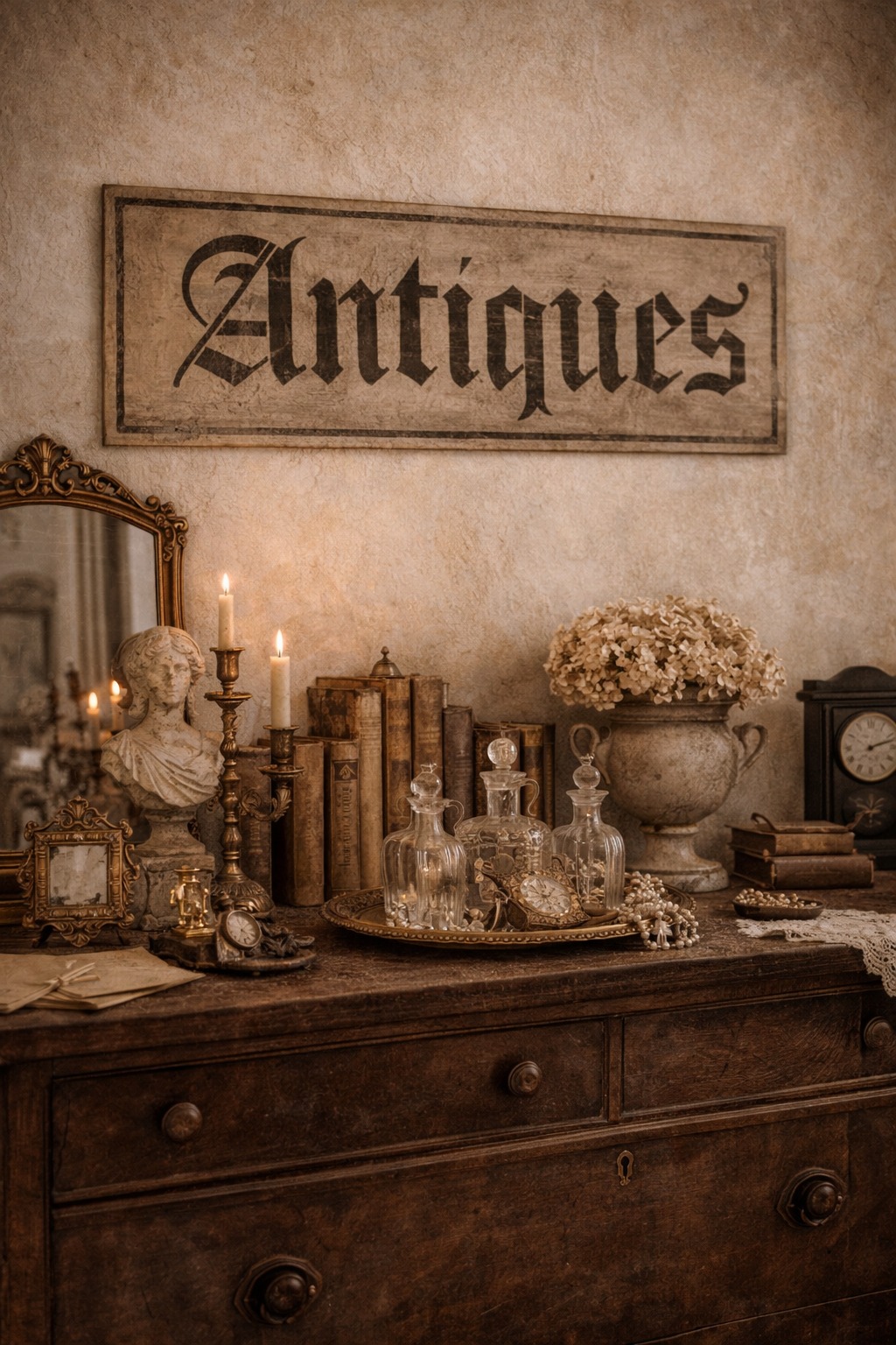 Insegna Scritta "ANTIQUES" Patina Antica