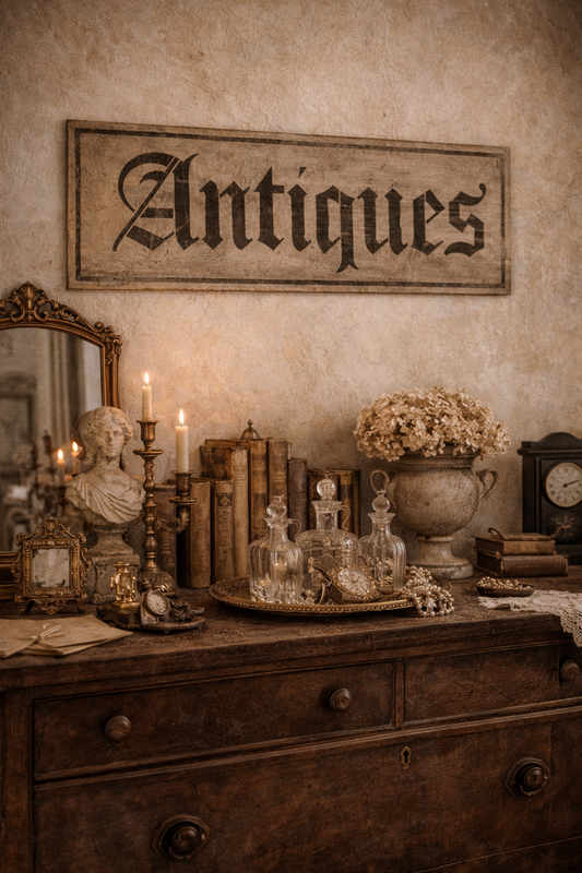 Insegna Scritta "ANTIQUES" Patina Antica