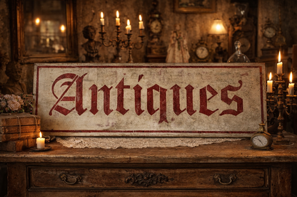 Insegna Scritta "ANTIQUES" Bianco Anticato E Rosso