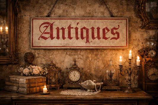 Insegna Scritta "ANTIQUES" Bianco Anticato E Rosso