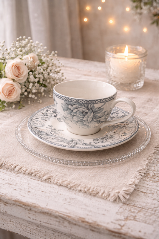 Servizio Da 4 Da Te' Con Fioritura Bianco & Nero