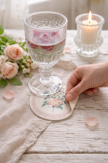 Sottobicchiere Vinile Rotonda Con Fiori E Bordo Rosa