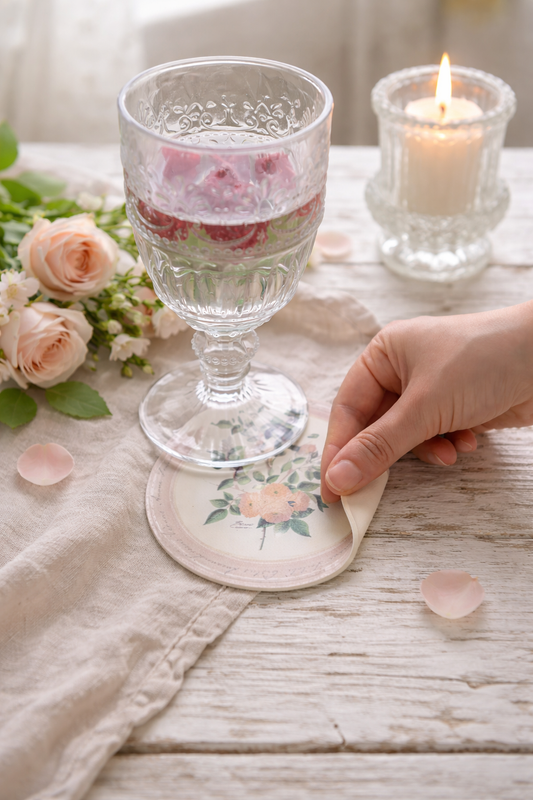 Sottobicchiere Vinile Rotonda Con Fiori E Bordo Rosa