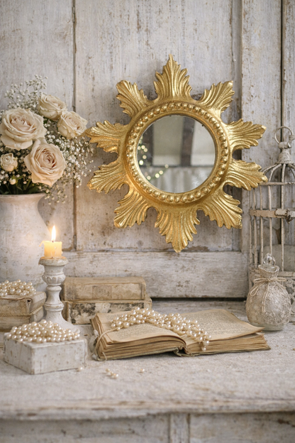 Specchio Rotondo Con Decori Foglia Oro